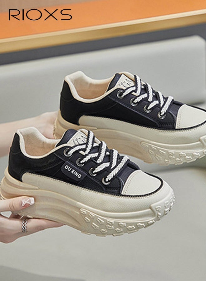 RIOXS Women's Comfort Shoes, 4.5cm Thick Soled Sports Shoes, Fashion Chunky Platform Sneakers for Women, Casual Dating Wedge Sneakers, Classic Lace-Up Athlesiure Shoes, Lady's Lightweight Walking Shoes, Low Top Sneaker for Female,  Anti-slip Trainers for Jogging Running Shopping Daily Wear, Black Footwear - Image 4